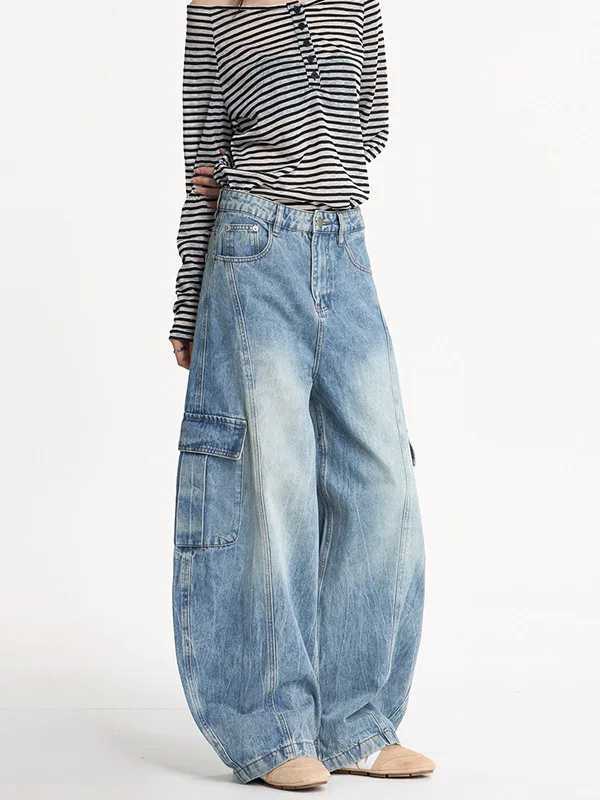 Americanstyle Washed LightningStitch Patchwork Oversized Pocket Workwear Pants Unisex Oversized Fit Denim Trousers Soft J251031