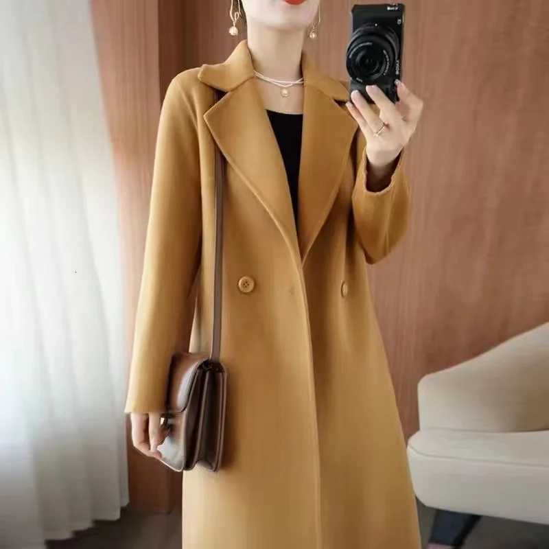 2024 Autumn 100 Double Sided Cashmere Coat Womens Winter New Slim Temperament Wool Coats Solid Casual Female Long OvercoatT251101