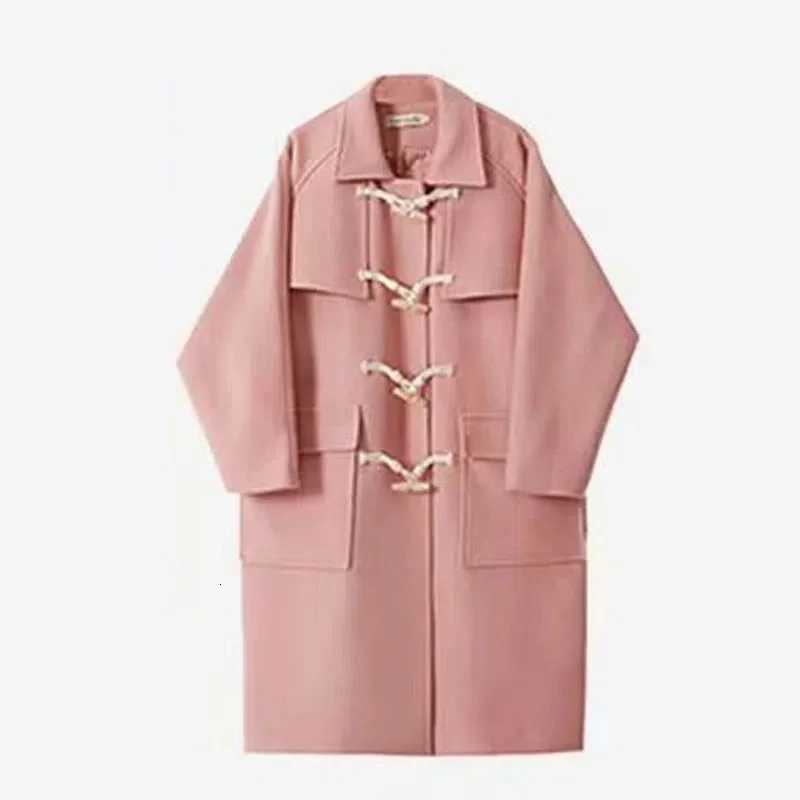 Pink Horn Button Tweed Jacket Women Winter New Japanese Loose Thickened Mid Length Wool Coat Female Casual Sweet Versatile CoatT251101