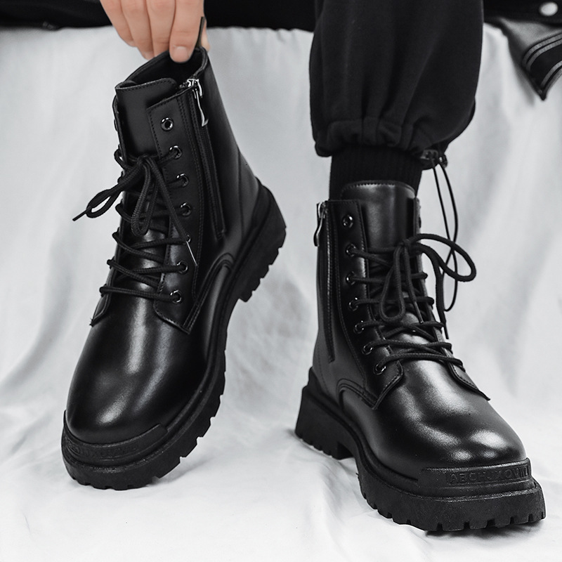 Martin boots mens spring new high cut thick soled motorcycle workwear boots black leather shoes mens trendy British style boots 240615