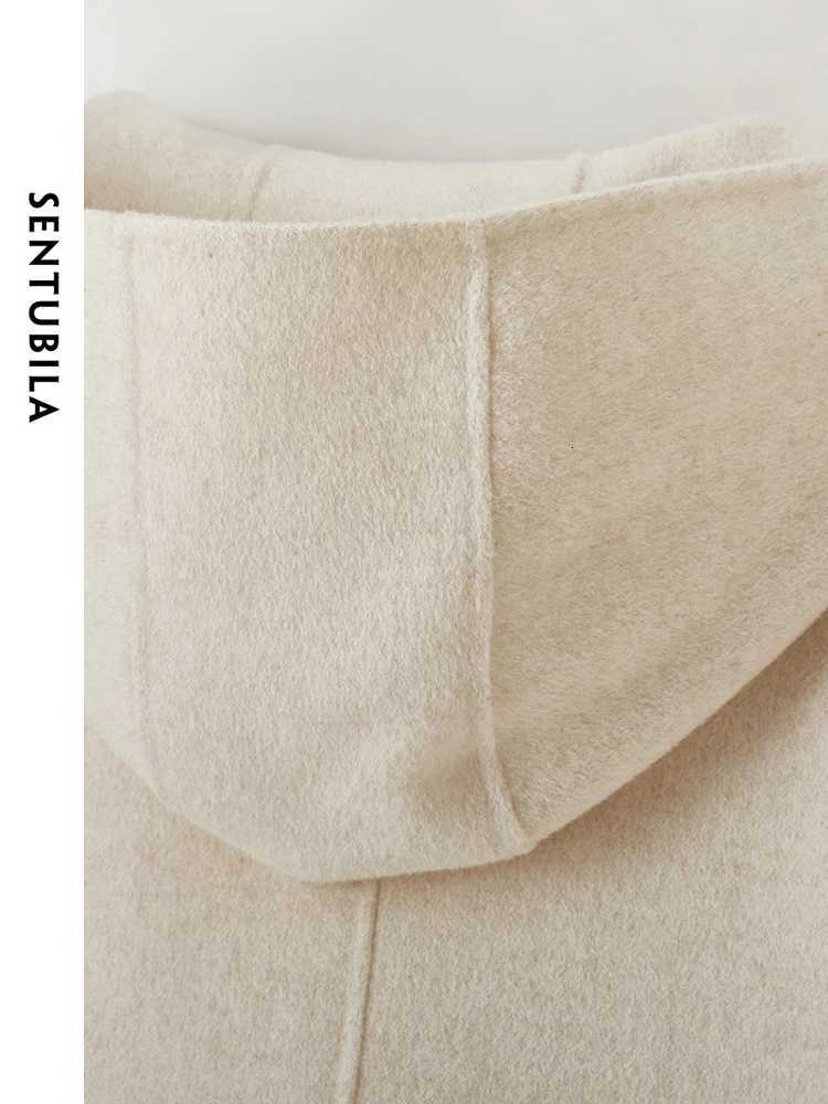 SENTUBILA Double Sided 100 Woolen Coat 2025 Winter Midlength Straight Bull Horn Buckle Female Hooded Outwear W44O55979T251101