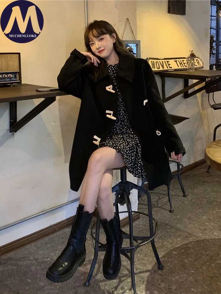 Womens Trench Coat Autumn Winter Long Sleeves Horn Button Medium Length Woolen Coats Korean Fashion Casual Loose Keep Warm CoatT251101