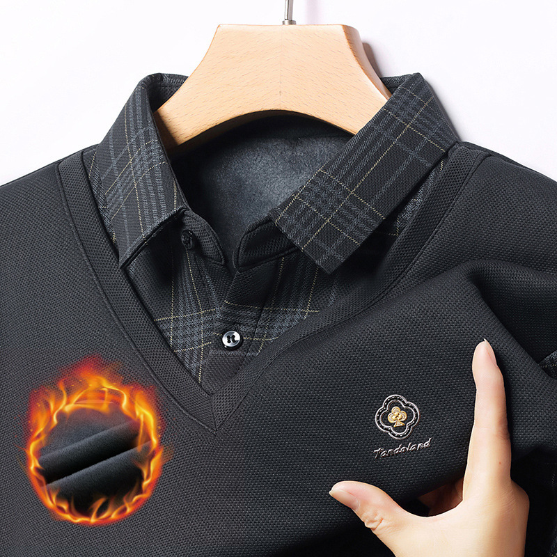 Winter New Fake Two-piece Long Sleeve T-shirt Designer T-shirt Men's Business Casual Fleece Lined Thickened Turn-down Collar Plaid Polo Shirt Top