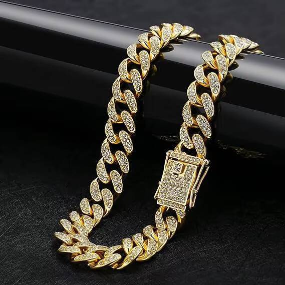 Mens Hip Hop Link Chain Necklace 3mm Diamond Plated Gold Universal Full Diamond Cuban Geometric Pattern European American Style