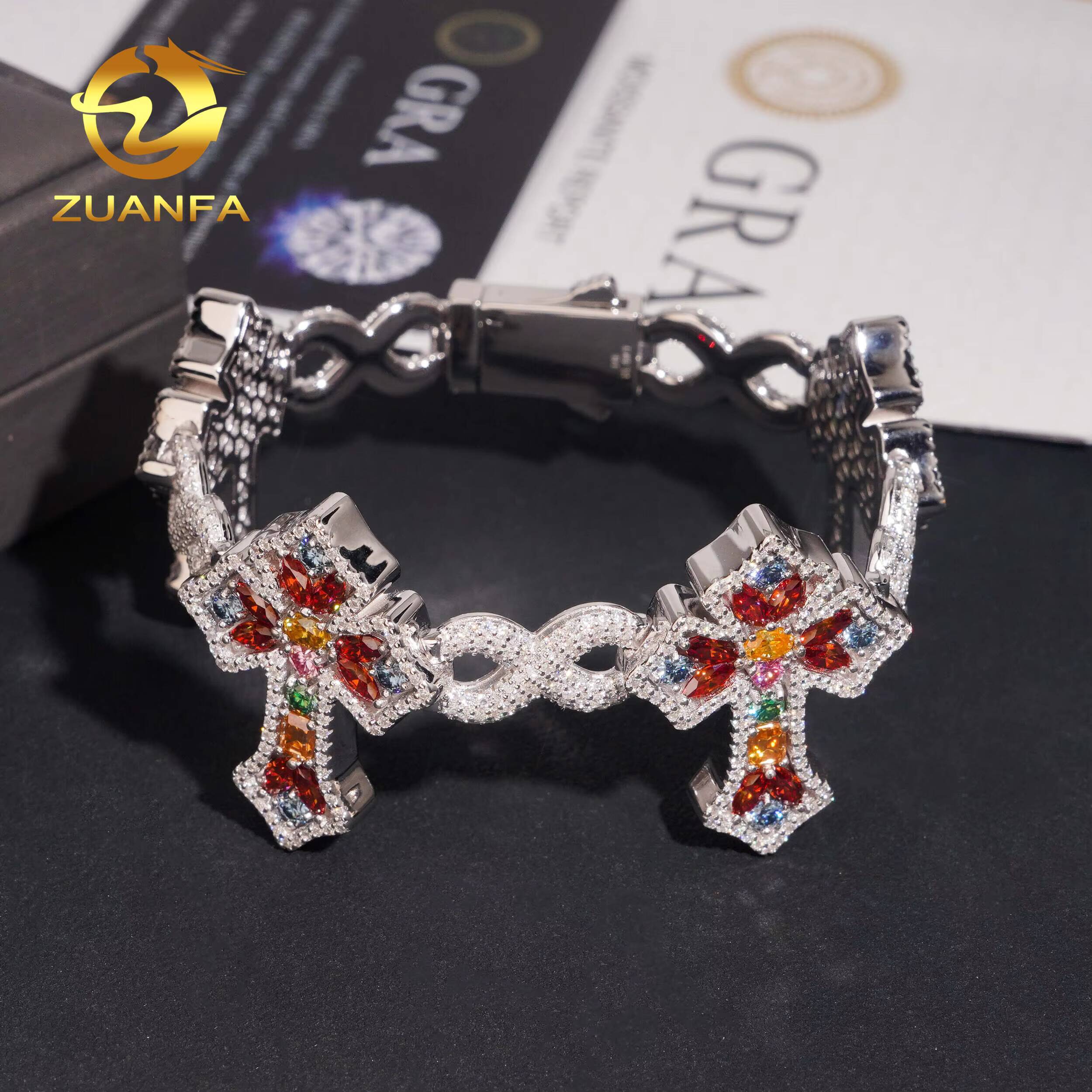 Hip Hop Jewelry 10mm Cross Moissanite Cuban Link Bracelet 925 Silver Multi Color Moissanite Diamond Bracelet Iced Out