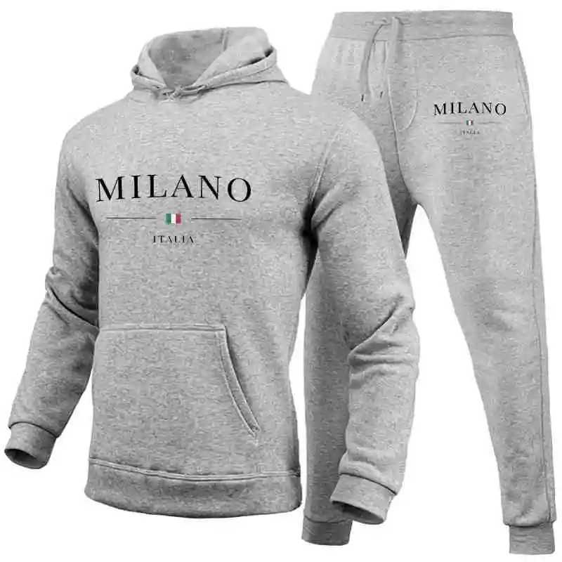 Mens Sports Hoodie Set Luxury Milan Print Sweatshirt Sweatpants Mens Hooded Top Jogger Pants Set Casual Streetwear SportswearT251101