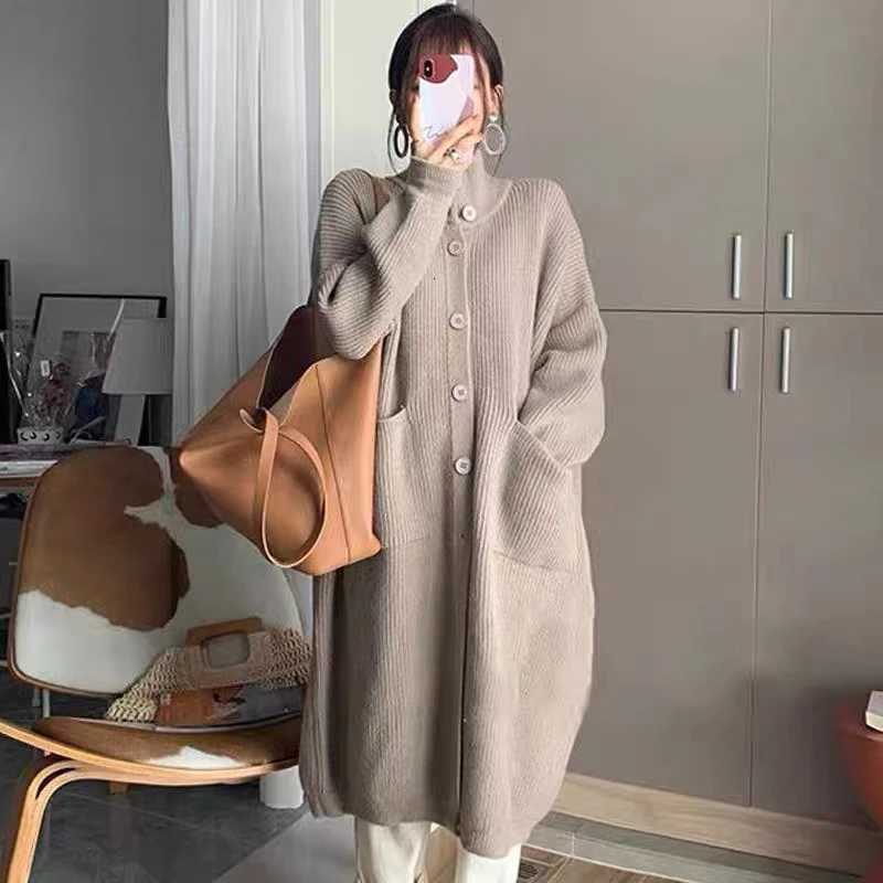 High Neck Sweater Womens Single Breasted Solid Color Long Sleeved Knitted Cardigan Mid Length Jacket Womens Spring and AutumnT251101