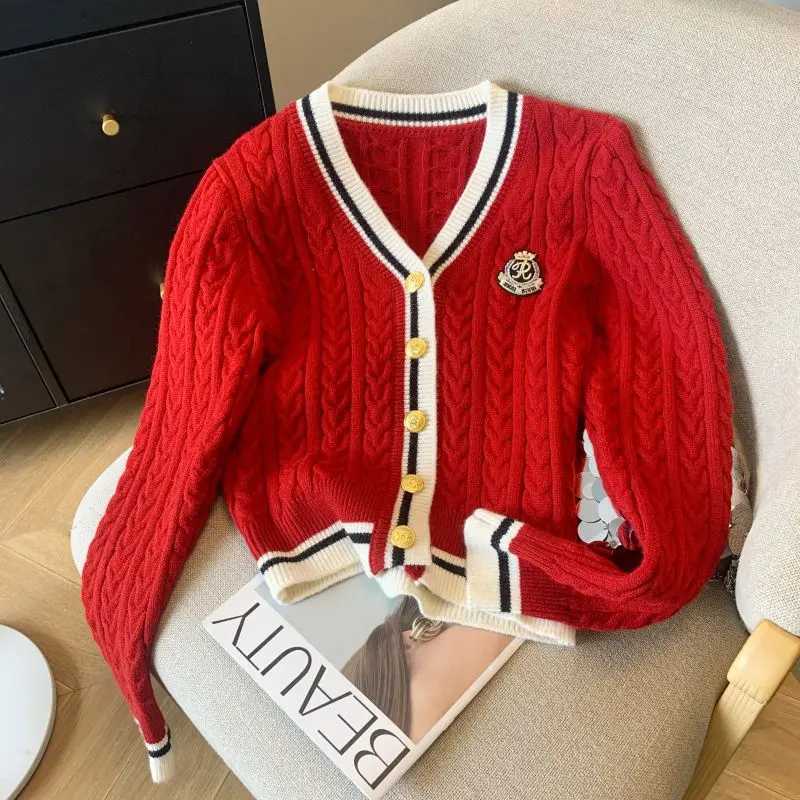 2025 Autumn Winter Preppy Style VNeck Knitting Long Sleeve Cardigan Women Casual Appliques Single Breasted Female Loose SweaterT251101