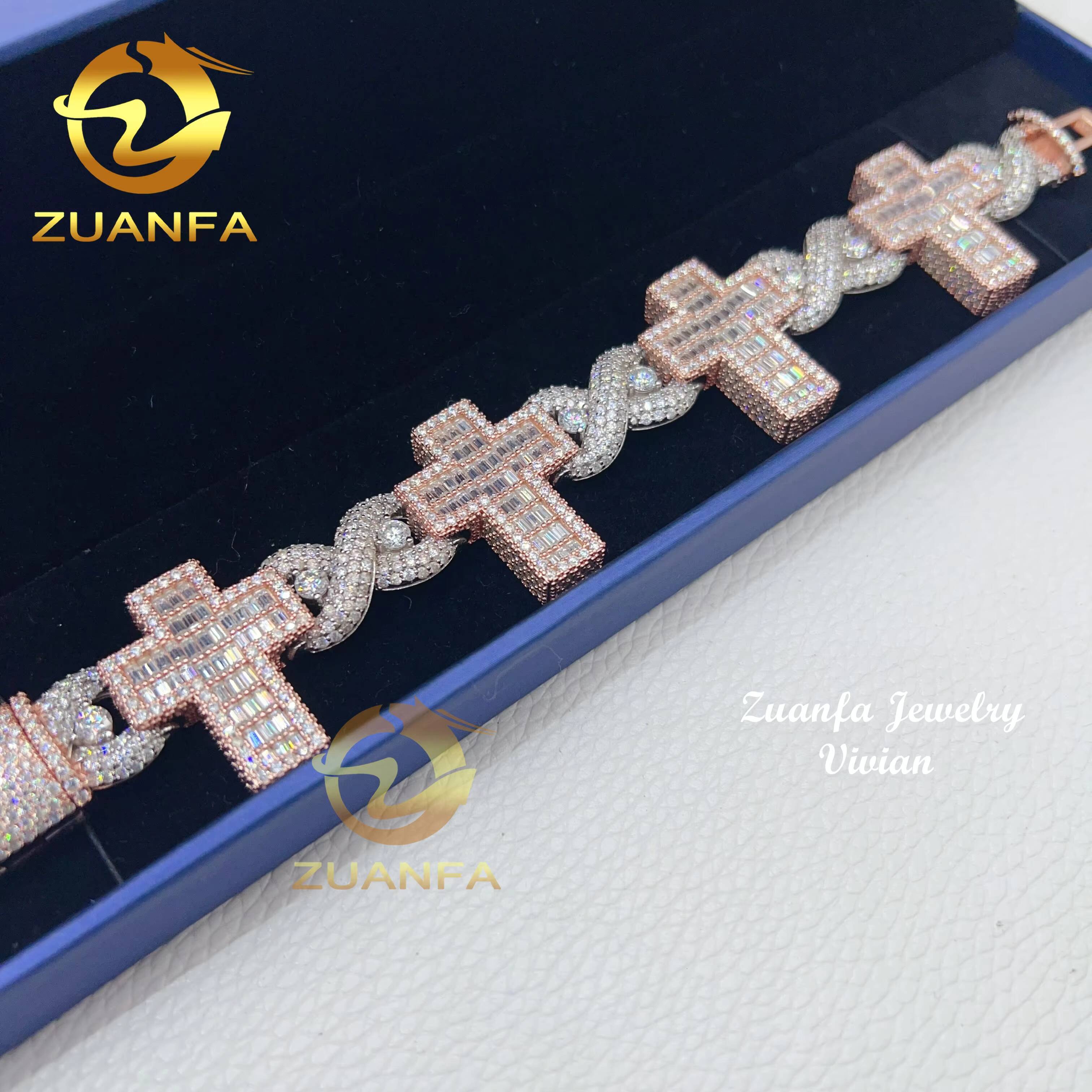 Fine Jewelry Silver 925 Vvs Moissanite Hip Hop Jewelry Iced Out Diamond Cross Cuban Bracelet Cuban Link Chain