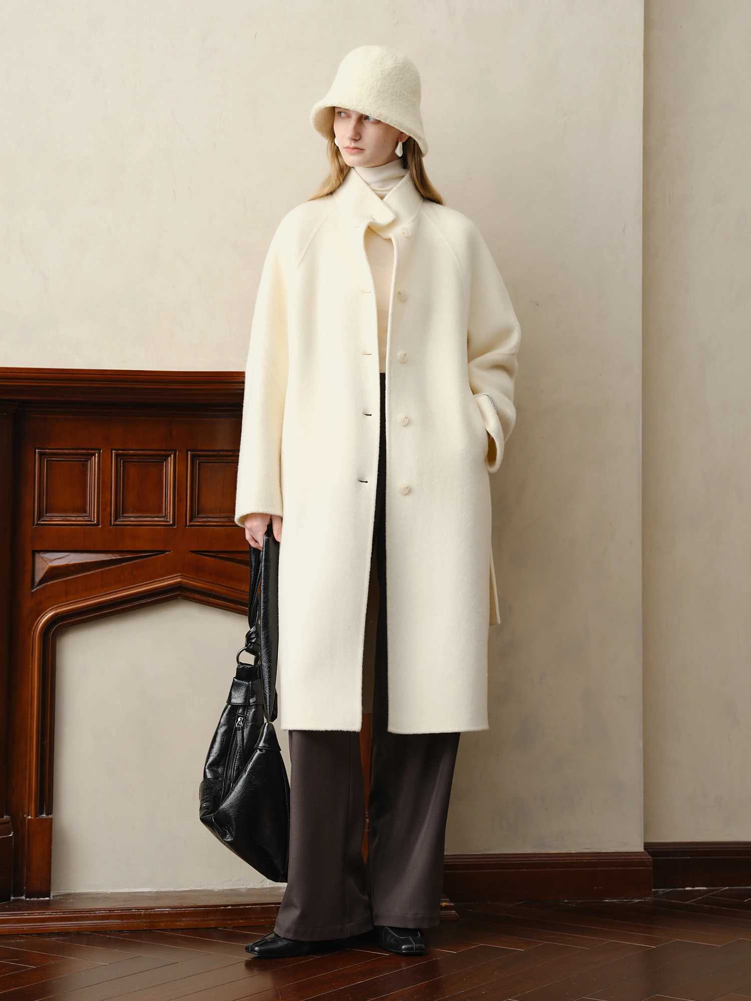ZIQIAO White Yak Wool Coat Women 2025 Winter New Woolen Coat Sashes Solid Simple Clean Fit Ins Temperament Commuting CasualT251101