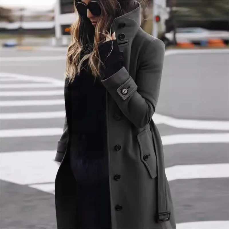 Autumn Winter New Woolen Coat Womens Slim Fit Cardigan Large Coat Women Long Sleeve Single Breasted Stand Collar Trench coatsT251101