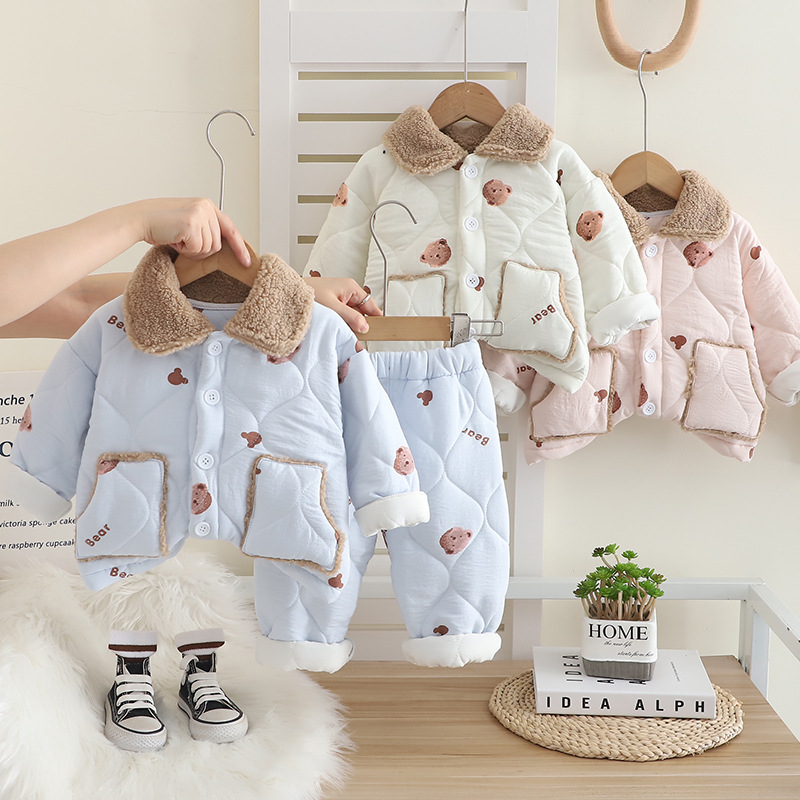 free shipping kids designer clothes 2025 Winter Kids Pajamas Set Fleece Lined 2-Piece Long Sleeve Pjs Boys Girls Warm Soft Loungewear