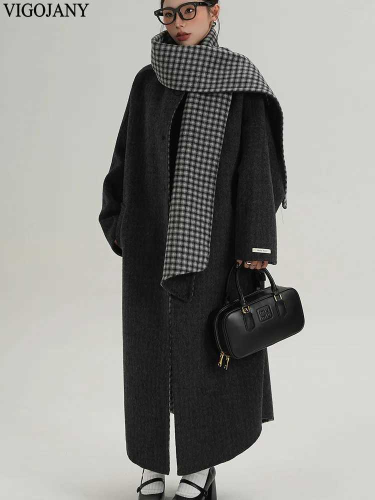 Winter Women Scarf Nature 100 Wool Long Coat 2025 Black Singlebreasted Cashmere Jacket Lady Casual Button Elegant Woolen CoatT251101