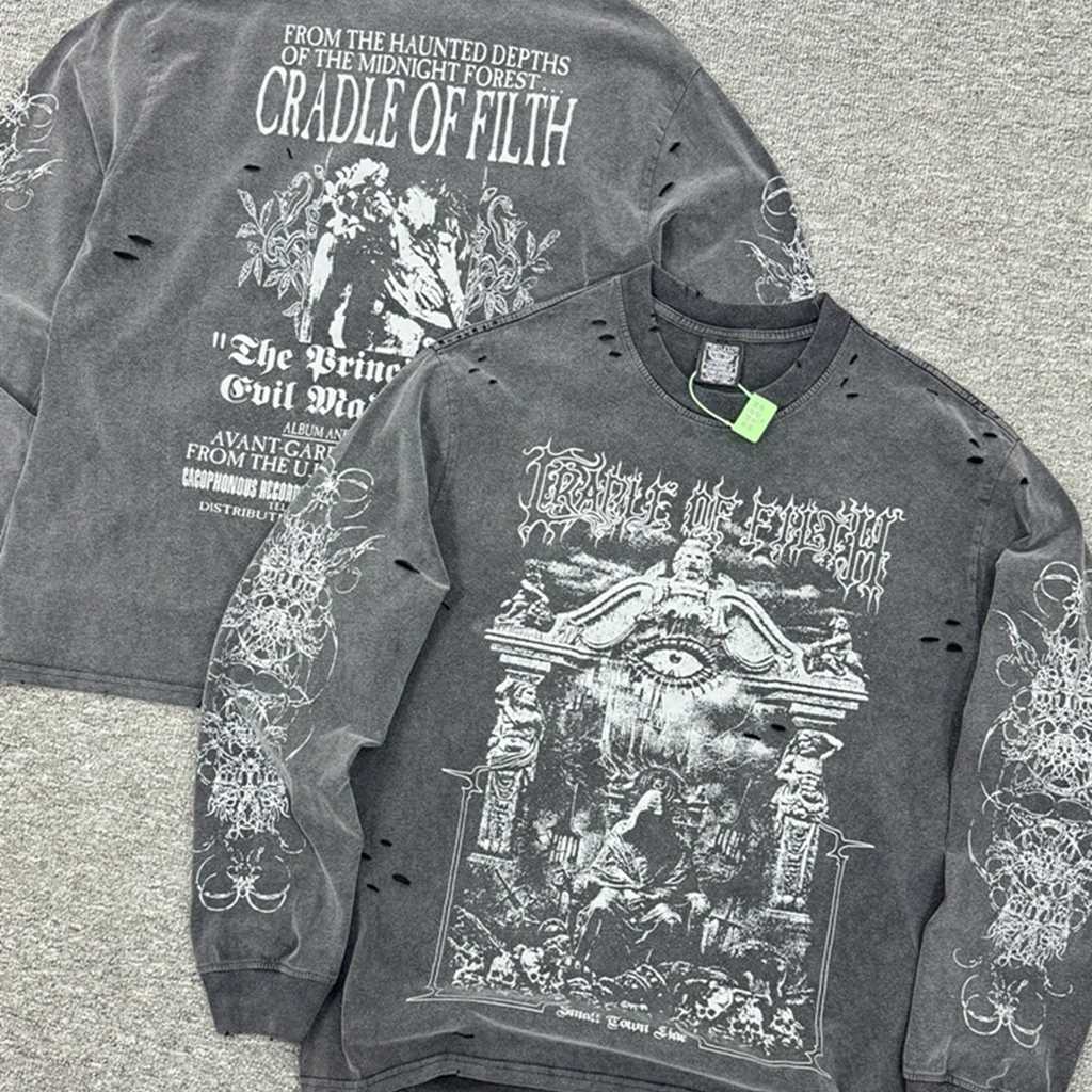 SAINT OF MICHAEL American Style Fashion Streetwear Vintage Hole Long Sleeves Tee Loose Oversized Tops 100Cotton T Shirt Men L251031