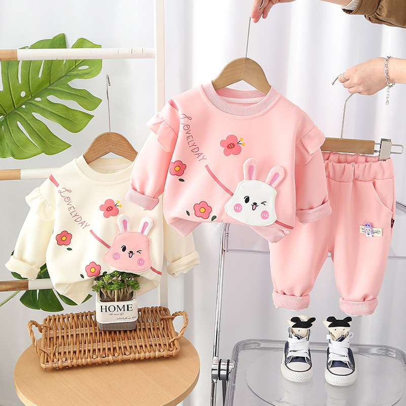 girls clothes 2025 Girls Bunny Hoodie Set 2-Piece Cartoon Print Tracksuit Casual Sports Style Comfortable Spring Fall Outfit