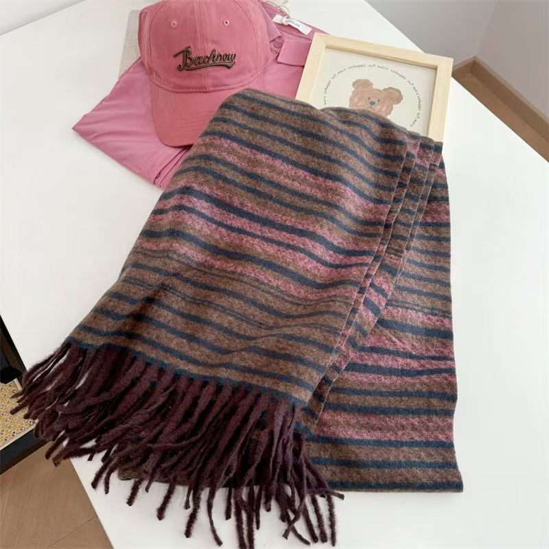 T393 striped thickened tassel neck scarf temperament shawl color fashion all-match warm scarf
