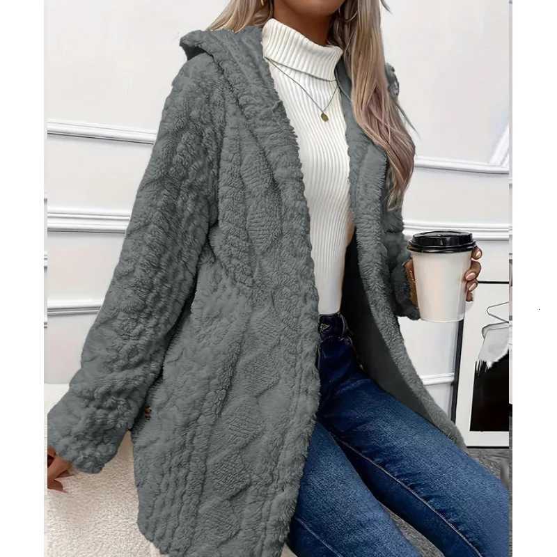 Autumnwinter Cardigan Plush Jacket Single Breasted Hooded Sweater Jacket Elegant Solid Medium Long Sweater Jacket for WomenT251101