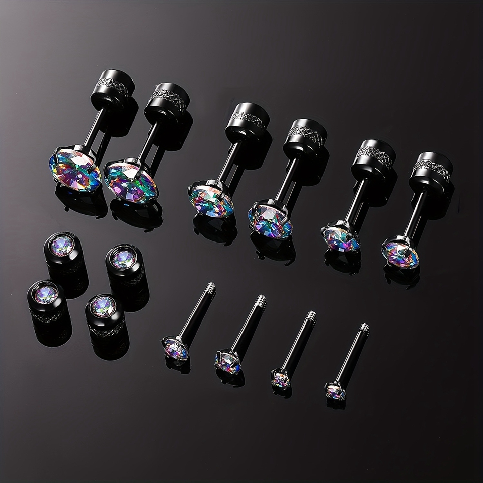 316L Stainless Steel AB Colorful Zircon Diamond Stud Earrings Men Women Not Fade Ear Jewelry Hypoallergenic Tiny CZ Zirconia Screw Back Earring Tragus