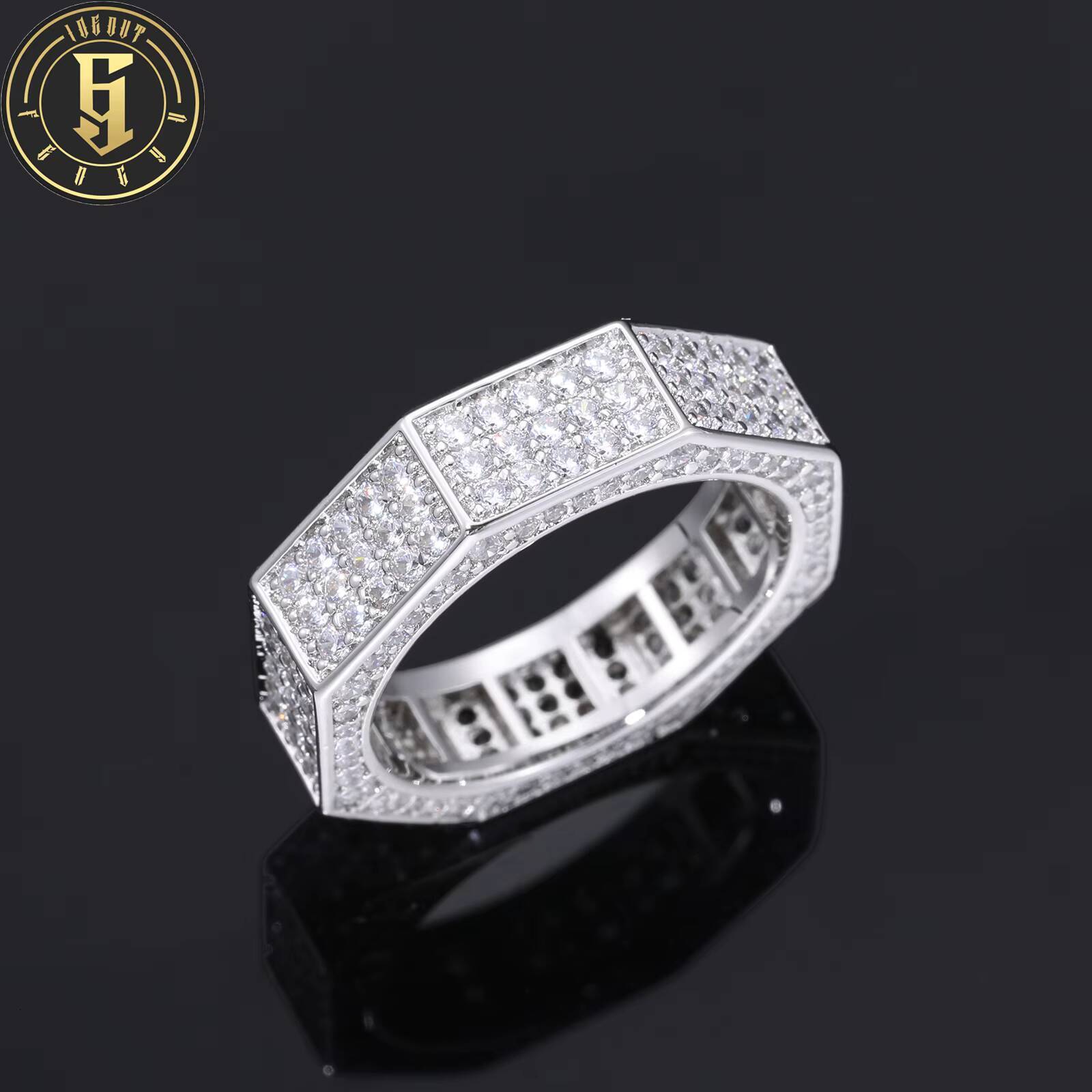 Wholesale Classic Hip Hop Style Jewelry White Gold Brass Prong Setting Full 5A Zircon Diamond Octagonal Geometric Ring for Men