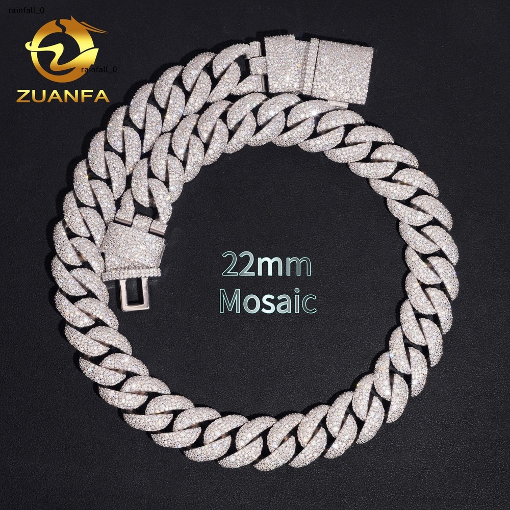 New Trend Mosaic Setting 22mm Moissanite Cuban Chain GRA Certified Pass Diamond Tester 925 Silver Cuban Link Chain Necklace