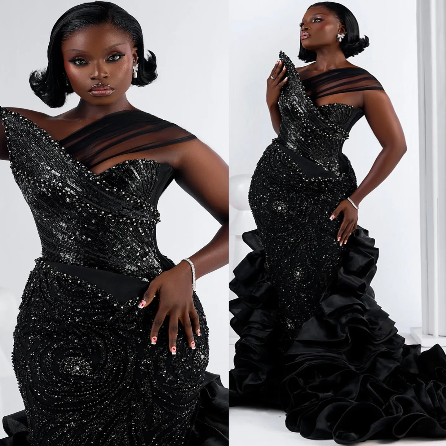 Black Mermaid Prom Dress Plus Size Lacefull Promdress Beaded One Shoulder Evening Formal Party Second Reception Birthday Engagement Gowns Dresses