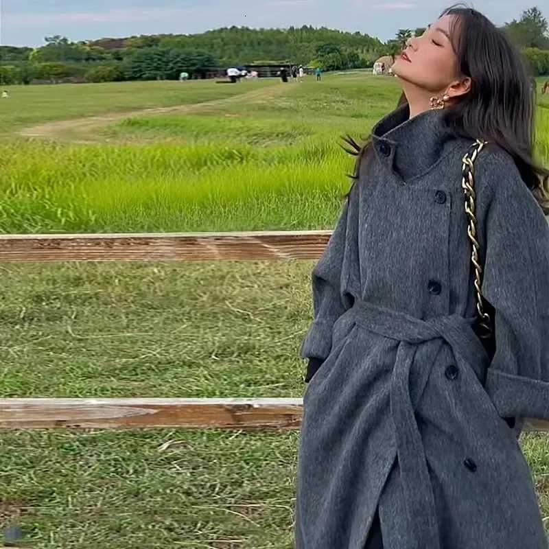 2025Notch Lapel Wool Coat DropShoulder Women 100 Wool Loose Overcoat DoubleLayers Autumn Winter Long Jacket Thick Trench CoatT251101