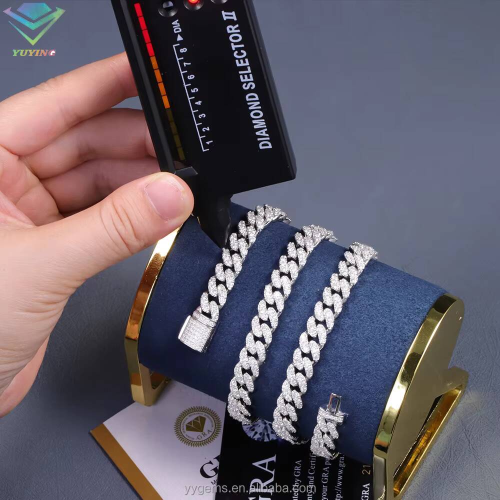 Hot Sale Real Gold Plated 6MM 8MM 10MM Single Row VVS Moissanite Diamond 925 Sterling Silver Cuban Link Chain Hip Hop Jewelry