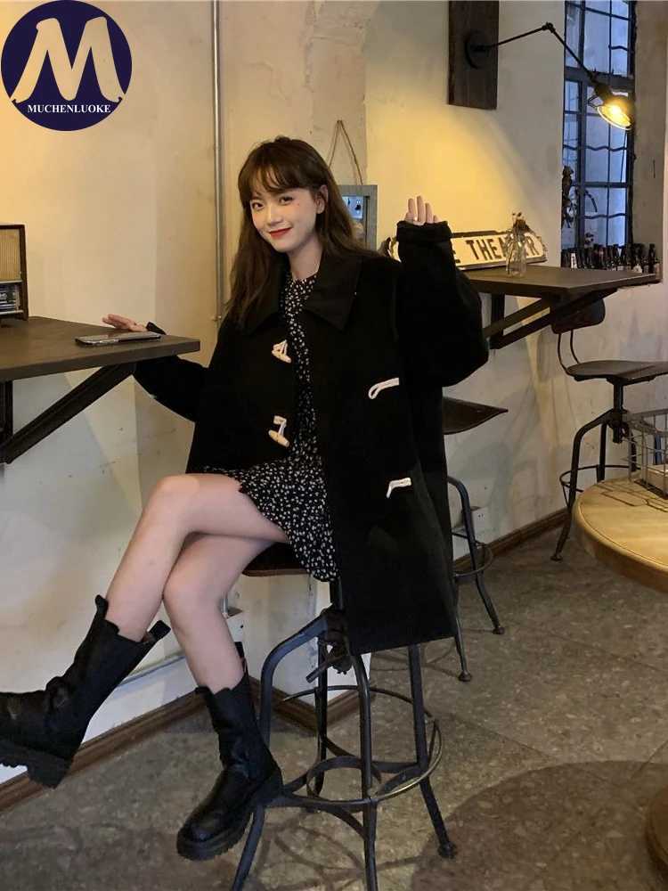 Womens Trench Coat Autumn Winter Long Sleeves Horn Button Medium Length Woolen Coats Korean Fashion Casual Loose Keep Warm CoatT251101