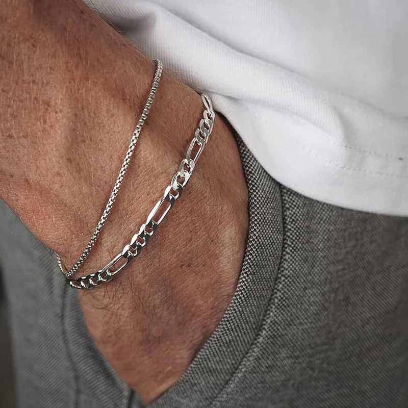 Stainless Steel Bracelet Set with Box Chain and Cuban Link - Mens Fashion Jewelry Gift - Dad Boyfriend Husband Y250329