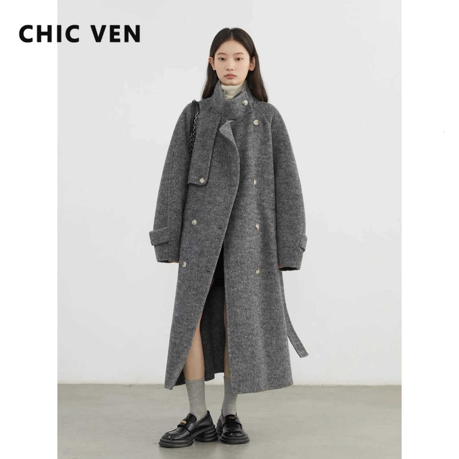 CHIC VEN Women Woolen Coats Loose Stand Collar Doublesided Overcoat Female Outerwear Office Ladies Clothing Autumn Winter 2024T251101