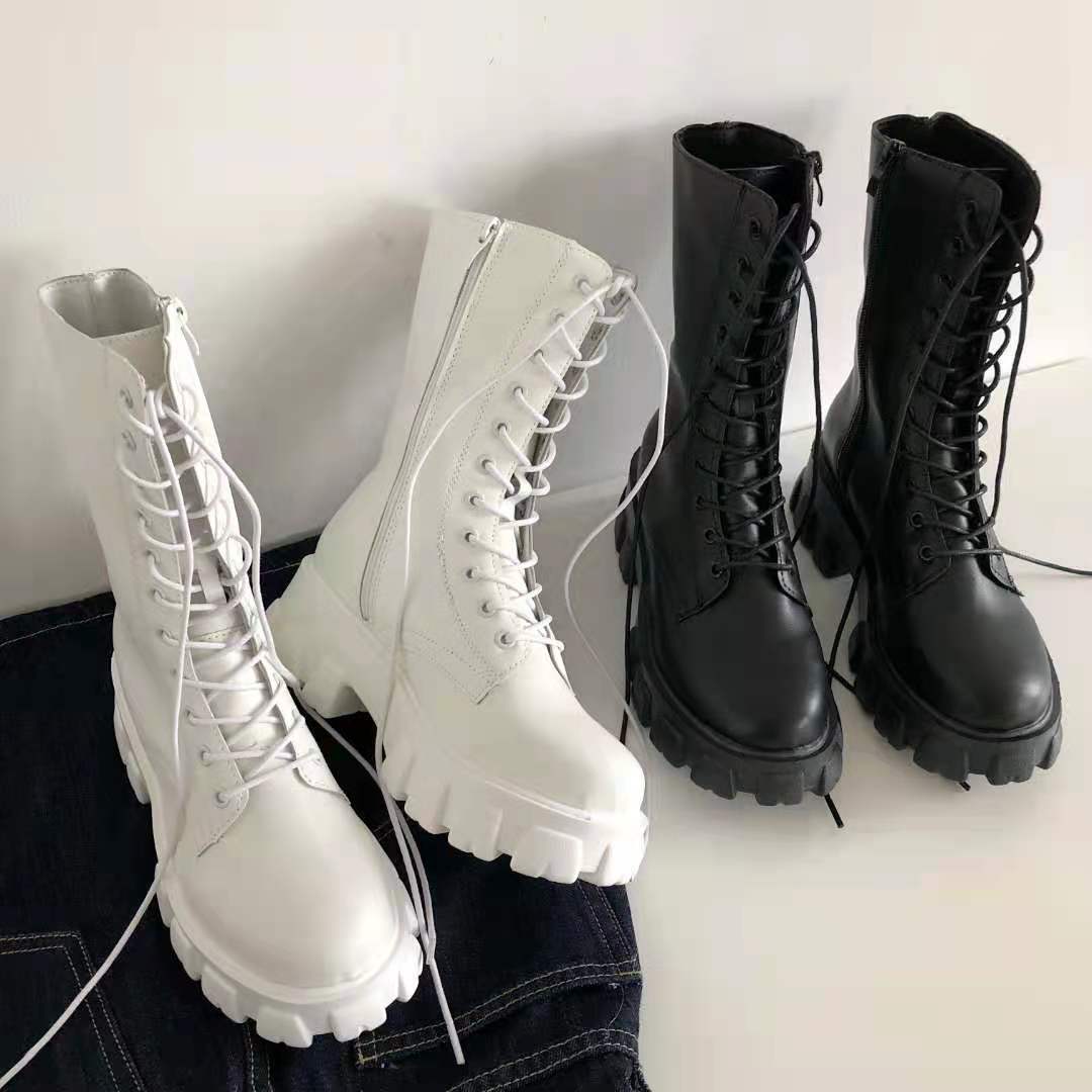 Designer Boots Vintage Style Women's Motorcycle Boots Chunky Heel & Sole Lace Up Mid Calf Combat Boots Gothic Platform Boots Free Shipping