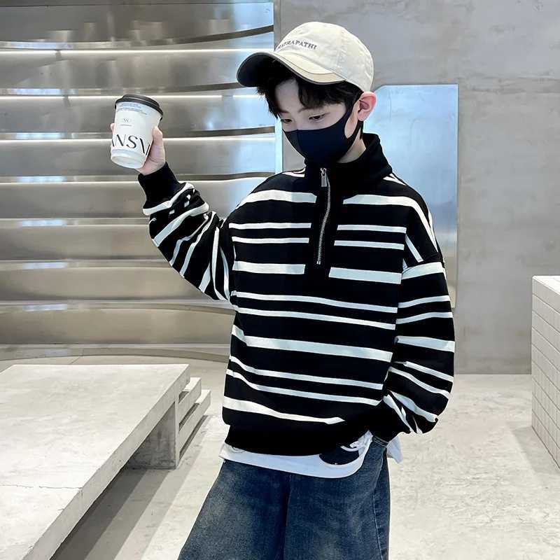 Fashion Casual Childrens Sweatshirt with Half Zipper for Big Boys Black White Striped Turtleneck Hoodie Kids Spring Autumn WearT251101