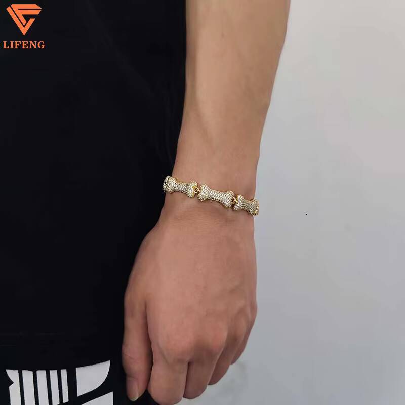 Hot Sales Fashion Jewelry 10mm Width 925 Silver Iced Out VVS Moissanite Cute Dog Bone Shaped Bling Thin Cuban Chain Bracelet Men