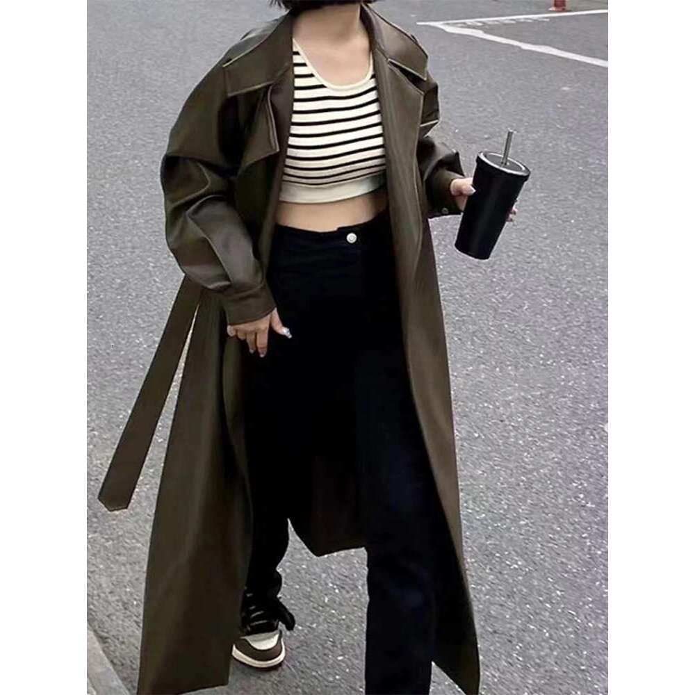 hoodie Women's Wear Oversized Leather Trench Coat For Women Long Sleeve Lapel Loose Lady Jacket With Belt 2024 Autumn New Vintage Streetwear jack