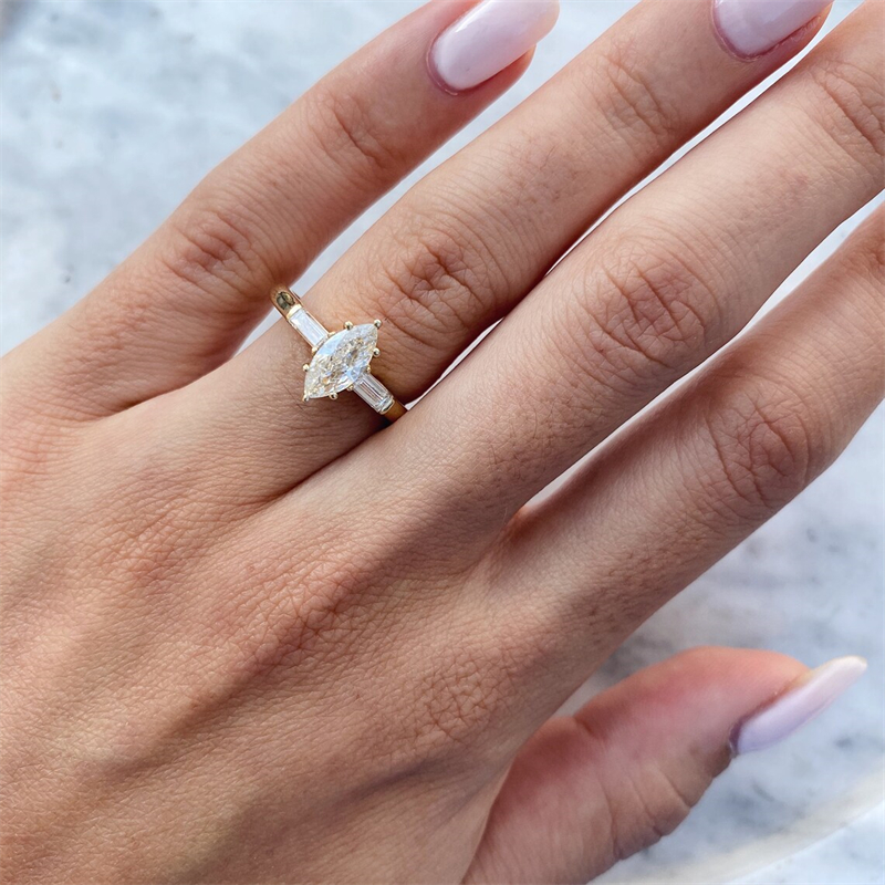 Jewelry Real Yellow Gold 1.0 Carat Marquise Cut E VS1 With Bauguette Womens Engagement Ring For Women 14K Yellow Gold Wedding Gold Ring