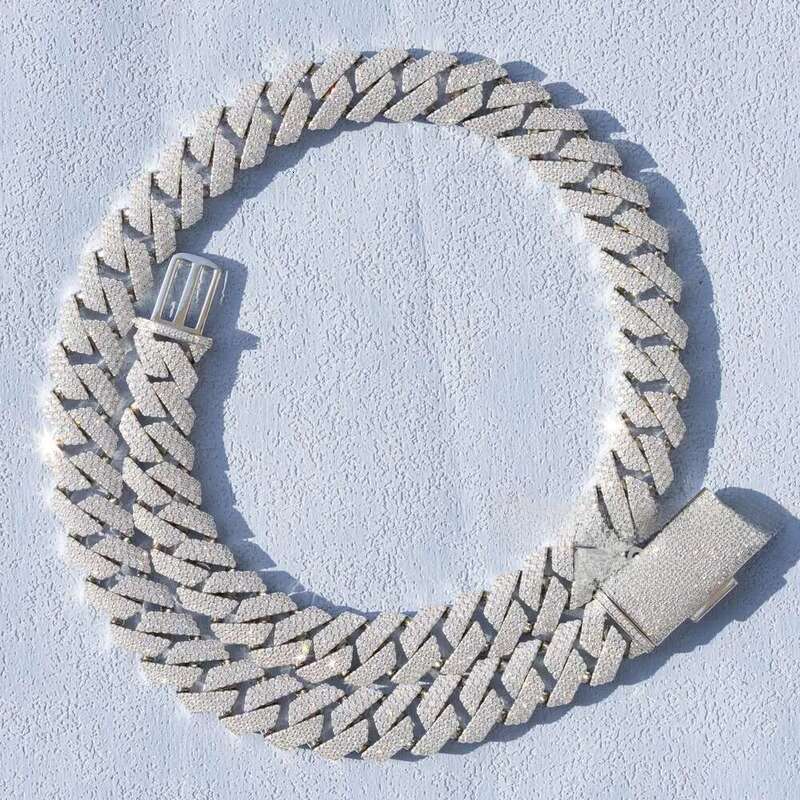 Necklace moissanite chain cuban k chainHand Setting 20mm Width Three Rows Vvs Moissanite Sier Womens Gold Plated Cuban