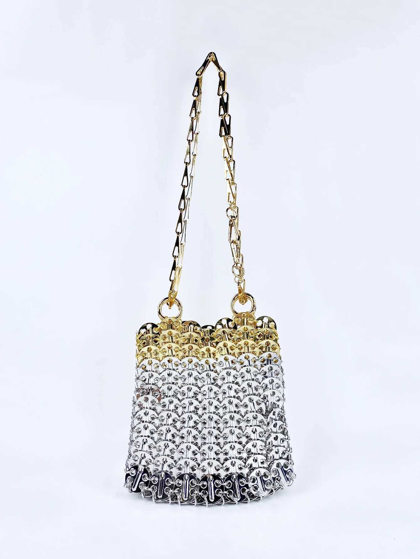 Niche design aluminum handmade bag with gold and silver color matching metal chain sequin bag trendy underarm bagW251101