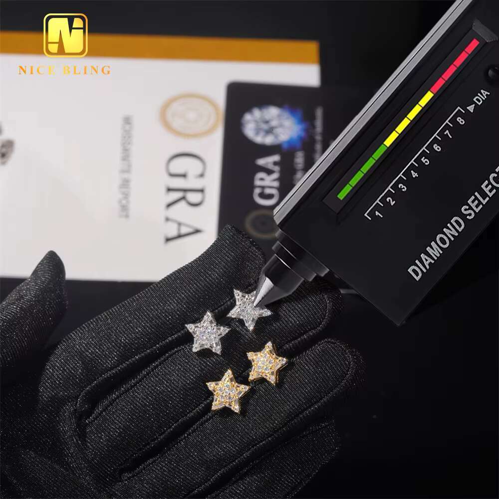 Hip Hop Jewelry Pass Diamond Tester Star Shape Baguette Diamond 925 Sterling Silver Moissanite Stud Earrings