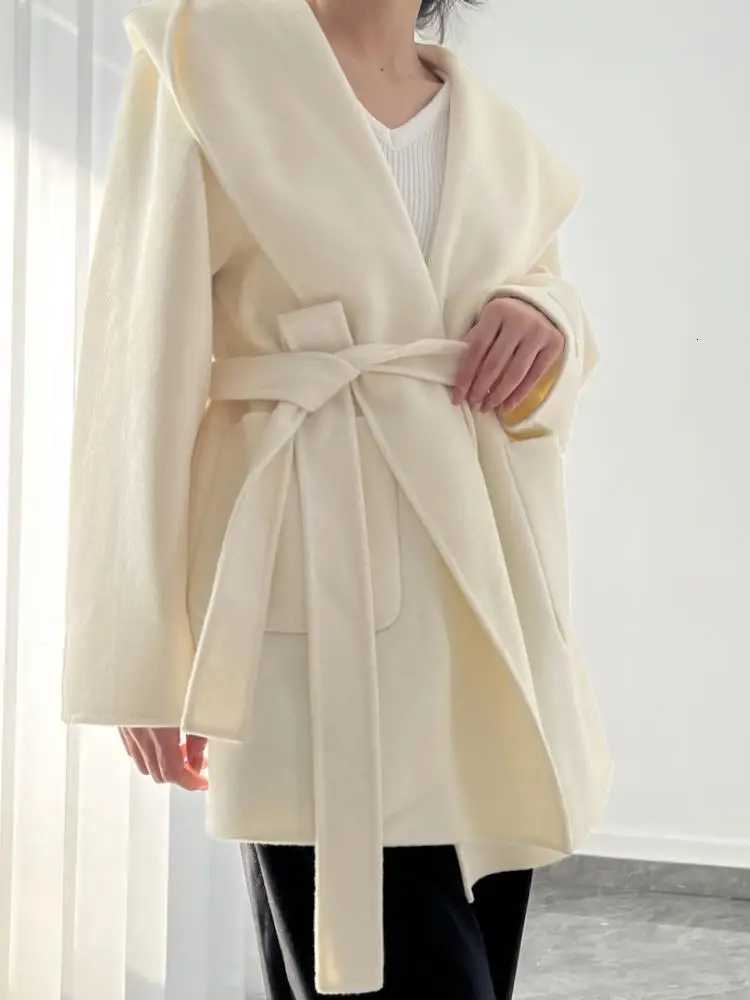 Office Lady Short Woolen Jackets 2024 Autumn And Winter Hooded Loose DoubleSided LaceUp Womens 100 Wool Coats OuterwearT251101