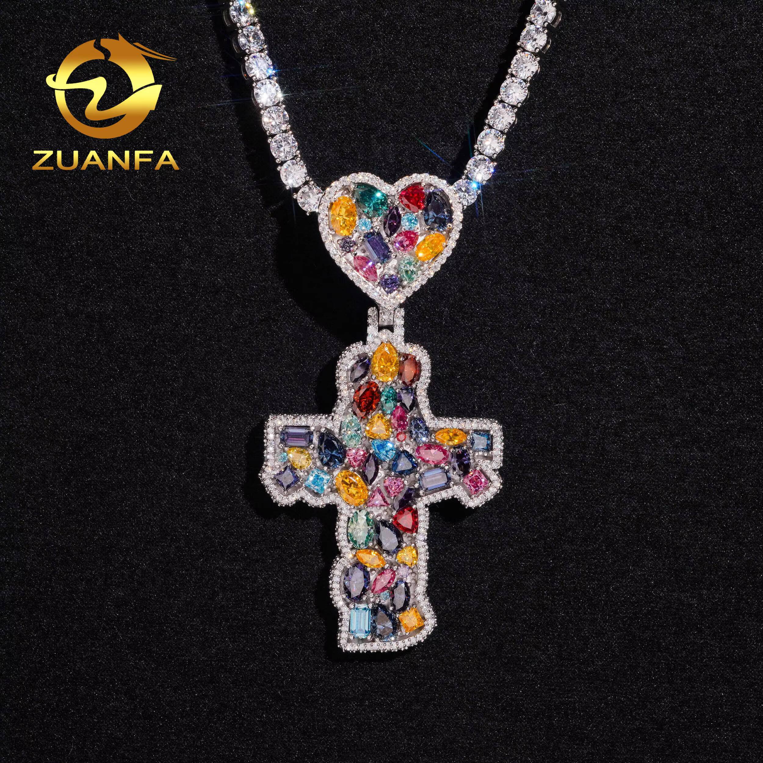 Solid 925 Silver Multicolor Moissanite Diamond Cross Pendant With Heart Bail Hip Hop Pendant Iced Out for Necklace Chain