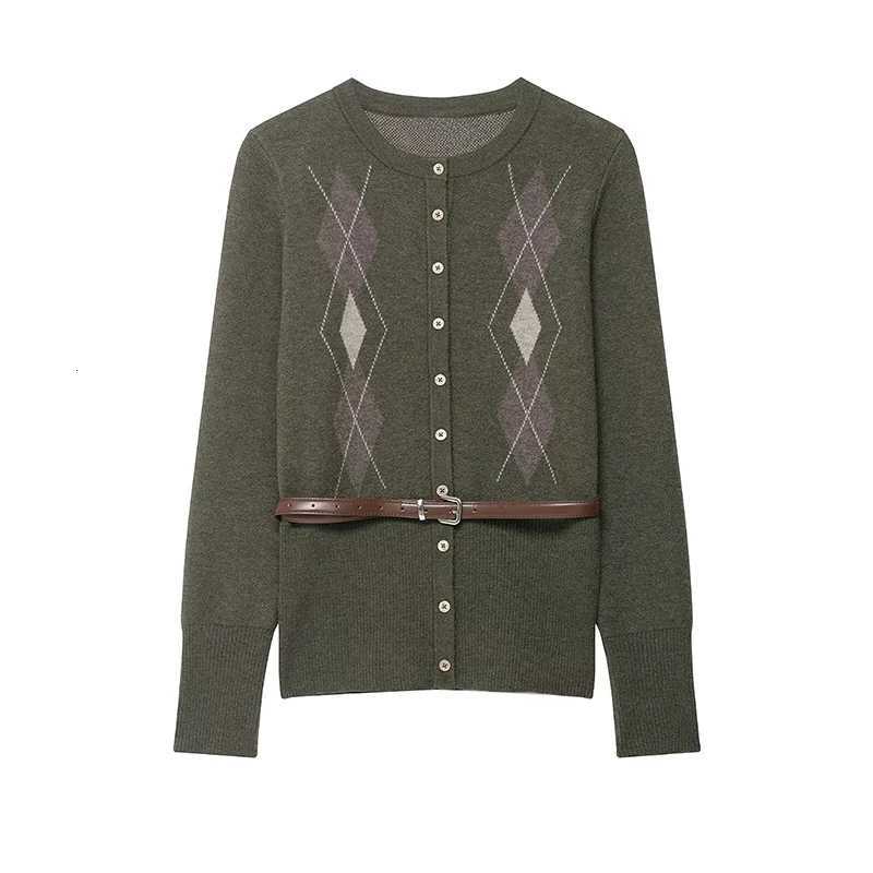 Womens Knit Cardigan Sweater Autumn Winter Fashion Argyle Belt Sweaters Vintage Female Outerwear Chic TopsT251101