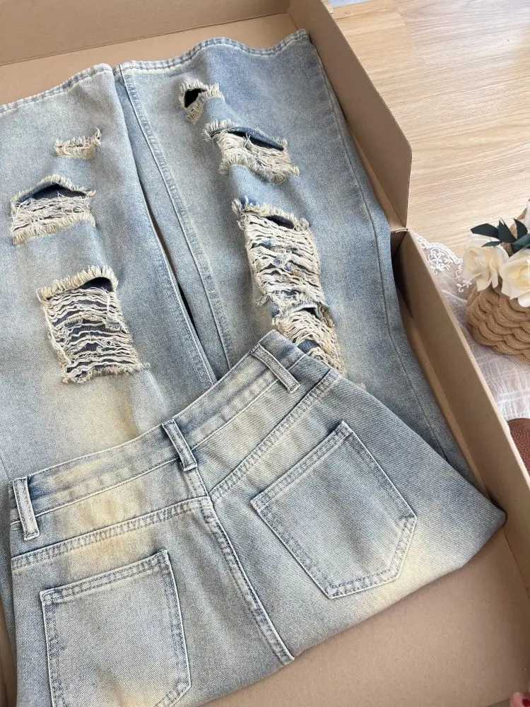 2025 Autumn New Retro Old Ripped Jeans Wideleg Jeans Women Loose Pants Trousers Baggy Jeans J251031