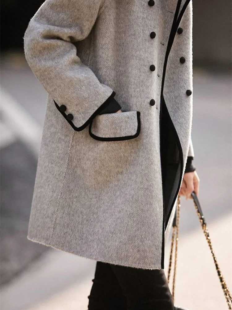 Onecozyday Womens Grey Double Breasted Coat Notched Collar Long Sleeves Loose Fit Outerwears 2025 Fall New Tweed CoatsT251101