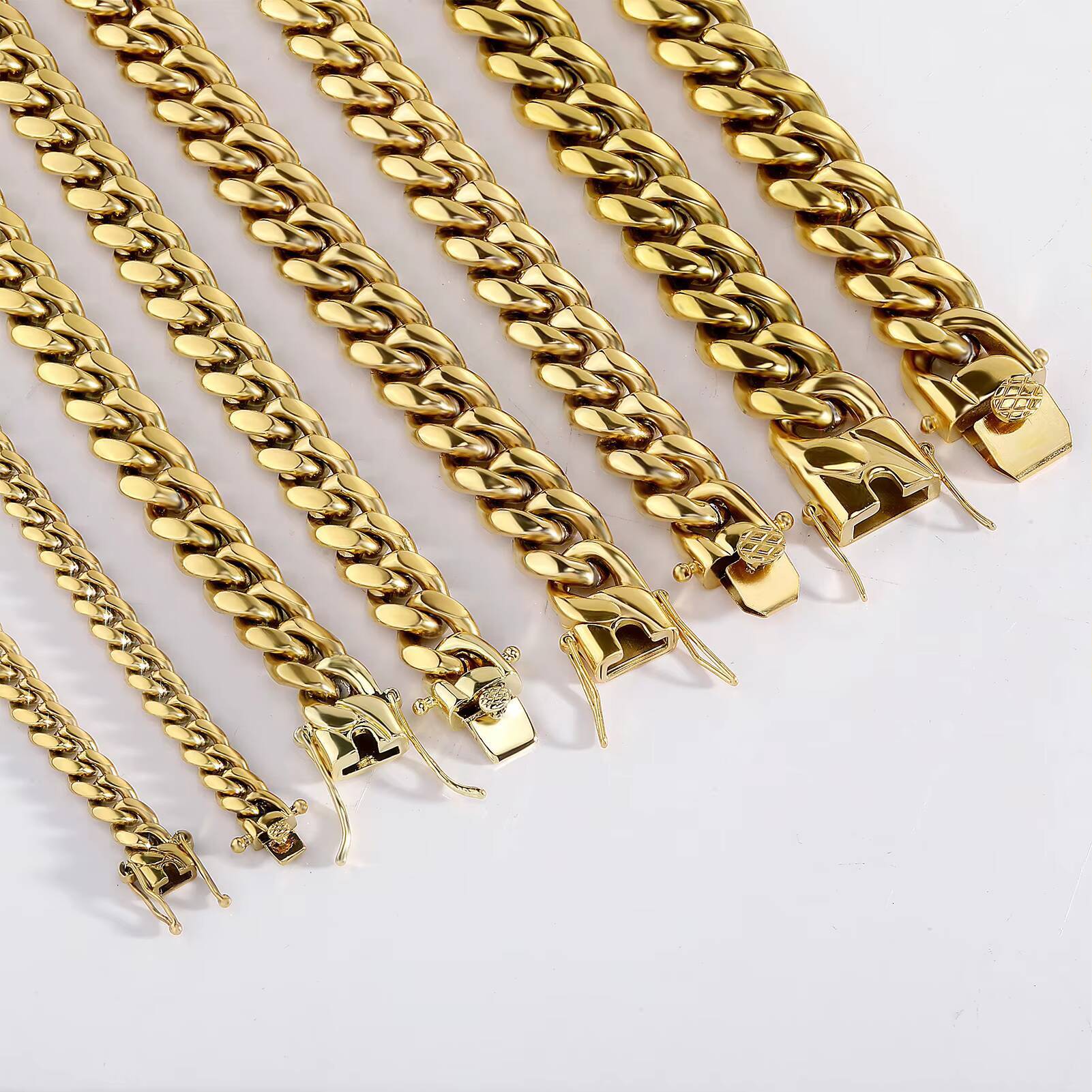 Wholesale 14K Gold Plated Stainless Steel Hip Hop Cuban Link Insert Clasp Butterfly Buckle Big Cuban Chain Necklace