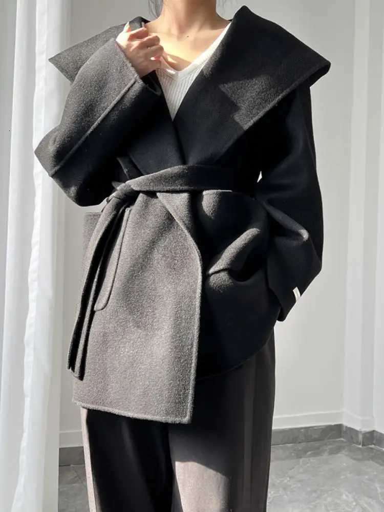 Office Lady Short Woolen Jackets 2024 Autumn And Winter Hooded Loose DoubleSided LaceUp Womens 100 Wool Coats OuterwearT251101