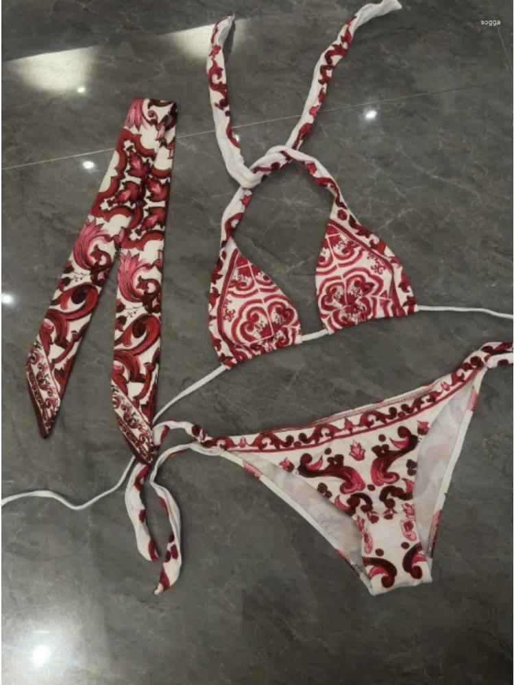 Womens Swimwear Women 3 Pieces Headscarf Bikini Sets Red Swimsuits Designer Brand Lady Beach Sexy