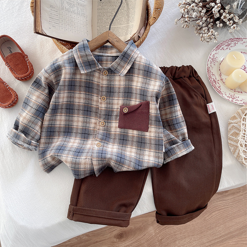 kids designer clothes 2025 Boys Shirt Set Long Sleeve Checkered Plaid Shirt with Contrast Pocket Trendy Autumn Kids Outfit