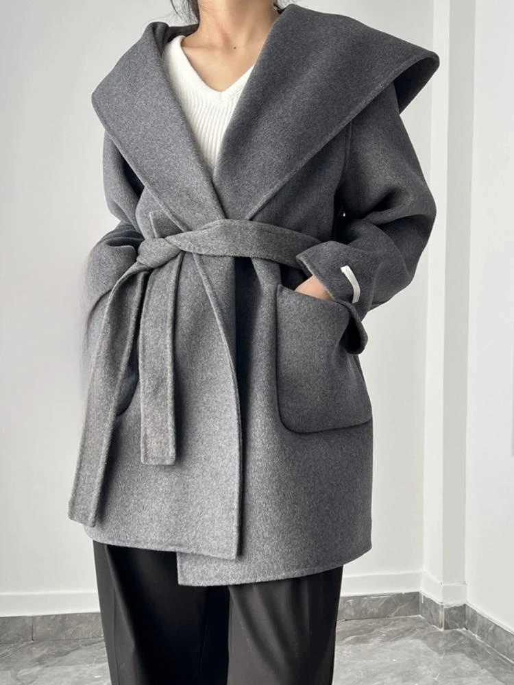 Office Lady Short Woolen Jackets 2024 Autumn And Winter Hooded Loose DoubleSided LaceUp Womens 100 Wool Coats OuterwearT251101