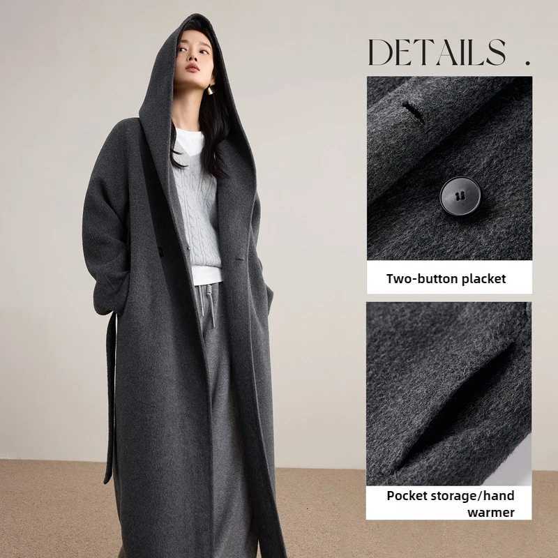 SENTUBILA Women 100 Wool Double Faced Coat 2025 Winter Hooded Long Bathrobe Style Coat Warm Dropped Shoulder Overcoat W54OC2736T251101