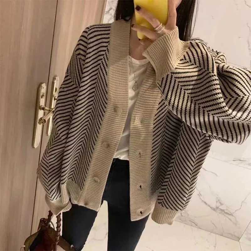 Janpanese Elegant VNeck Sweater Jacket Women Harajuku Stripe Knitting Cardigan Autumn Casual Loose Warm SingleBreasted TopsT251101